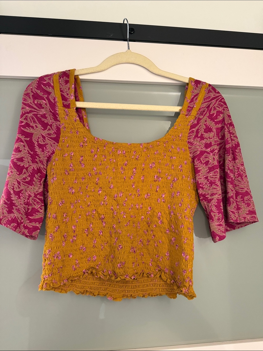 Free People Mustard Yellow Smocked Crop Top with Pink Puff Sleeves